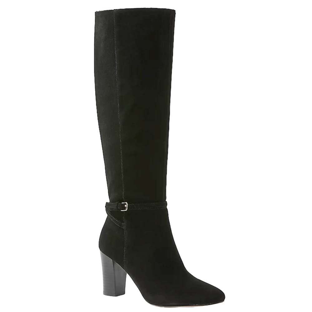 NEW ANN TAYLOR BLACK HIGH HEEL SUEDE LEATHER BUCKLE TALL KNEE HIGH BOOTS SZ 5.5